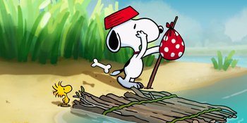 Movie still from “Snoopy Presents: To Mom (and Dad), with Love” (2022), directed by Clay Kaytis – A cartoon of a dog walking on the beach with a bag; Medium shot, Low angle