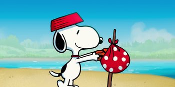 Movie still from “Snoopy Presents: To Mom (and Dad), with Love” (2022), directed by Clay Kaytis – A cartoon of a dog with a red hat on; Extreme Wide shot, Low angle