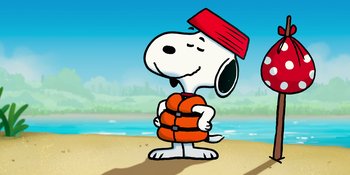 Movie still from “Snoopy Presents: To Mom (and Dad), with Love” (2022), directed by Clay Kaytis – A cartoon picture of a dog wearing a life jacket; Medium shot, Low angle