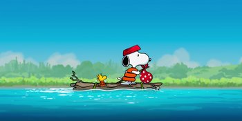 Movie still from “Snoopy Presents: To Mom (and Dad), with Love” (2022), directed by Clay Kaytis – A dog and a cat are on a raft in the water; Extreme Wide shot, Low angle