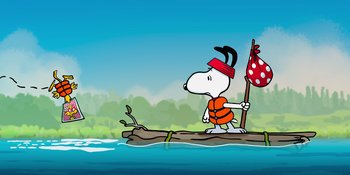 Movie still from “Snoopy Presents: To Mom (and Dad), with Love” (2022), directed by Clay Kaytis – A drawing of a dog holding a flag while standing on top of a log; Extreme Wide shot, High angle