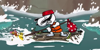 Movie still from “Snoopy Presents: To Mom (and Dad), with Love” (2022), directed by Clay Kaytis – A drawing of a dog holding a stick in the water; Wide shot, High angle