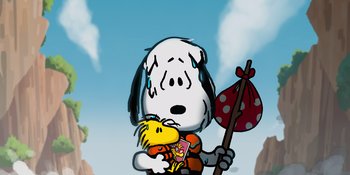 Movie still from “Snoopy Presents: To Mom (and Dad), with Love” (2022), directed by Clay Kaytis – A drawing of a dog holding an umbrella and holding a bird; Medium shot, Low angle