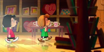 Movie still from “Snoopy Presents: To Mom (and Dad), with Love” (2022), directed by Clay Kaytis – A girl is walking in a room full of books; Extreme Wide shot, High angle