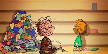 Movie still from “Snoopy Presents: To Mom (and Dad), with Love” (2022), directed by Clay Kaytis – A drawing of a boy and a girl sitting on the ground; Extreme Wide shot, High angle