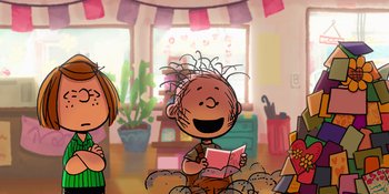 Movie still from “Snoopy Presents: To Mom (and Dad), with Love” (2022), directed by Clay Kaytis – A drawing of a boy reading a book while a girl looks on; Medium shot, High angle