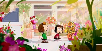 Movie still from “Snoopy Presents: To Mom (and Dad), with Love” (2022), directed by Clay Kaytis – A couple of people standing next to each other in a room; Extreme Wide shot, High angle