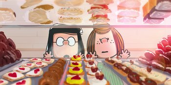Movie still from “Snoopy Presents: To Mom (and Dad), with Love” (2022), directed by Clay Kaytis – A couple of people that are looking at some donuts; Medium shot, Over the shoulder angle