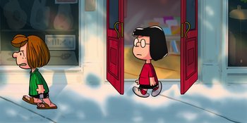 Movie still from “Snoopy Presents: To Mom (and Dad), with Love” (2022), directed by Clay Kaytis – A girl in a red shirt standing in front of an open door; Wide shot, High angle