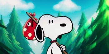 Movie still from “Snoopy Presents: To Mom (and Dad), with Love” (2022), directed by Clay Kaytis – A cartoon dog with a bag on his back; Extreme Wide shot, Low angle