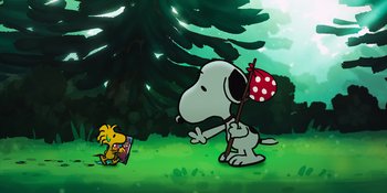 Movie still from “Snoopy Presents: To Mom (and Dad), with Love” (2022), directed by Clay Kaytis – A cartoon of a dog holding a kite next to a tree; Extreme Wide shot, Low angle