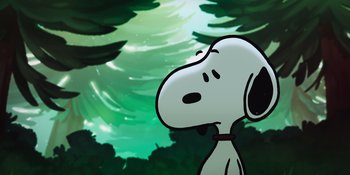 Movie still from “Snoopy Presents: To Mom (and Dad), with Love” (2022), directed by Clay Kaytis – A dog's face in front of trees; Close Up shot, Low angle