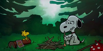 Movie still from “Snoopy Presents: To Mom (and Dad), with Love” (2022), directed by Clay Kaytis – A painting of snoopy and charlie brown camping; Extreme Wide shot, High angle