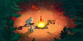 Movie still from “Snoopy Presents: To Mom (and Dad), with Love” (2022), directed by Clay Kaytis – A cartoon picture of a dog and a fire; Extreme Wide shot, High angle