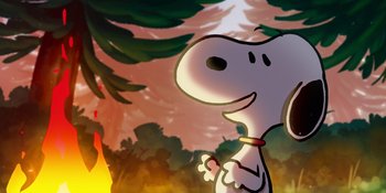 Movie still from “Snoopy Presents: To Mom (and Dad), with Love” (2022), directed by Clay Kaytis – A painting of a cartoon character; Extreme Wide shot, High angle