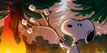 Movie still from “Snoopy Presents: To Mom (and Dad), with Love” (2022), directed by Clay Kaytis – A painting of a dog holding a tree branch with marshmallows on it; Extreme Wide shot, Low angle