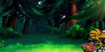 Movie still from “Snoopy Presents: To Mom (and Dad), with Love” (2022), directed by Clay Kaytis – An image of an animated forest with green grass; Extreme Wide shot, Low angle