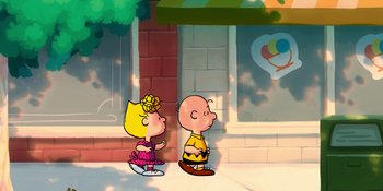 Movie still from “Snoopy Presents: To Mom (and Dad), with Love” (2022), directed by Clay Kaytis – A couple of people standing next to each other on a sidewalk; Extreme Wide shot, Low angle