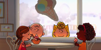 Movie still from “Snoopy Presents: To Mom (and Dad), with Love” (2022), directed by Clay Kaytis – A group of people sitting at a table with ice cream on it; Medium shot, Over the shoulder angle