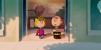 Movie still from “Snoopy Presents: To Mom (and Dad), with Love” (2022), directed by Clay Kaytis – A couple of people that are standing in a room; Extreme Wide shot, High angle