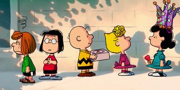 Movie still from “Snoopy Presents: To Mom (and Dad), with Love” (2022), directed by Clay Kaytis – A group of cartoon characters standing next to each other; Extreme Wide shot, High angle