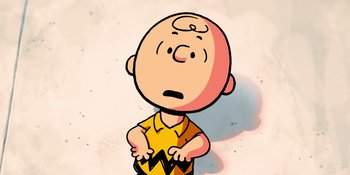 Movie still from “Snoopy Presents: To Mom (and Dad), with Love” (2022), directed by Clay Kaytis – A cartoon of charlie brown with his hands in his pockets; Medium shot, High angle