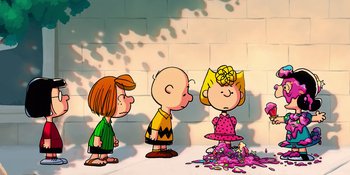 Movie still from “Snoopy Presents: To Mom (and Dad), with Love” (2022), directed by Clay Kaytis – A group of people standing next to each other on the ground; Extreme Wide shot, High angle