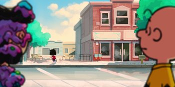 Movie still from “Snoopy Presents: To Mom (and Dad), with Love” (2022), directed by Clay Kaytis – A cartoon picture of a street corner with a building and trees in the background; Extreme Wide shot, High angle