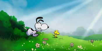 Movie still from “Snoopy Presents: To Mom (and Dad), with Love” (2022), directed by Clay Kaytis – A dog and a bird in a grassy field; Extreme Wide shot, Low angle