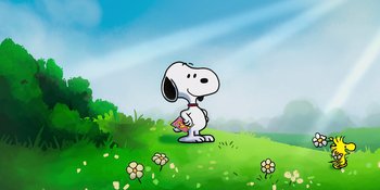 Movie still from “Snoopy Presents: To Mom (and Dad), with Love” (2022), directed by Clay Kaytis – A cartoon picture of a dog holding a basket of flowers; Extreme Wide shot, Low angle