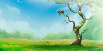 Movie still from “Snoopy Presents: To Mom (and Dad), with Love” (2022), directed by Clay Kaytis – An owl sitting on a branch of a tree in a field; Extreme Wide shot, Low angle