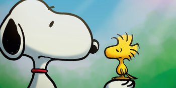 Movie still from “Snoopy Presents: To Mom (and Dad), with Love” (2022), directed by Clay Kaytis – A drawing of a dog and a bird together; Extreme Close Up shot, Low angle