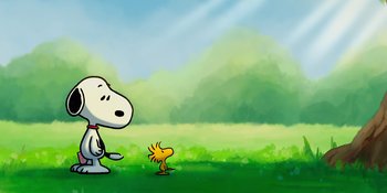 Movie still from “Snoopy Presents: To Mom (and Dad), with Love” (2022), directed by Clay Kaytis – A dog and a bird are walking in a field; Extreme Wide shot, Low angle