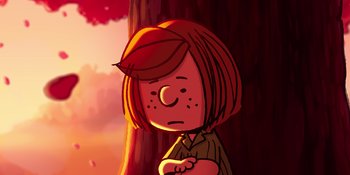 Movie still from “Snoopy Presents: To Mom (and Dad), with Love” (2022), directed by Clay Kaytis – A cartoon of a girl standing in front of a tree; Close Up shot, High angle