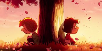 Movie still from “Snoopy Presents: To Mom (and Dad), with Love” (2022), directed by Clay Kaytis – A couple of people sitting next to a tree; Extreme Wide shot, High angle