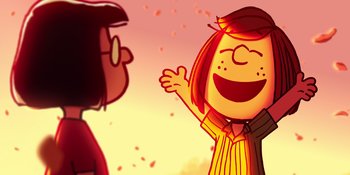 Movie still from “Snoopy Presents: To Mom (and Dad), with Love” (2022), directed by Clay Kaytis – A cartoon picture of a girl and a boy; Medium shot, Over the shoulder angle