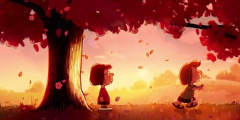 Movie still from “Snoopy Presents: To Mom (and Dad), with Love” (2022), directed by Clay Kaytis – A girl and a boy under a tree in a field; Extreme Wide shot, High angle