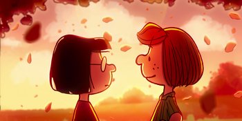 Movie still from “Snoopy Presents: To Mom (and Dad), with Love” (2022), directed by Clay Kaytis – A couple of people standing next to each other on top of a hill; Extreme Wide shot, Over the shoulder angle