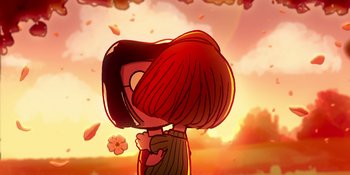 Movie still from “Snoopy Presents: To Mom (and Dad), with Love” (2022), directed by Clay Kaytis – A cartoon of a girl holding her head in her hands; Extreme Close Up shot, Over the shoulder angle