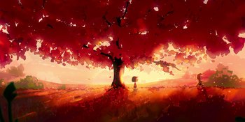Movie still from “Snoopy Presents: To Mom (and Dad), with Love” (2022), directed by Clay Kaytis – A painting of a tree with a person standing under a tree; Extreme Wide shot, Low angle