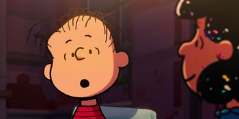 Movie still from “Snoopy Presents: To Mom (and Dad), with Love” (2022), directed by Clay Kaytis – A charlie brown cartoon character; Close Up shot, Over the shoulder angle