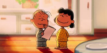 Movie still from “Snoopy Presents: To Mom (and Dad), with Love” (2022), directed by Clay Kaytis – A couple of people standing next to each other on the ground; Extreme Wide shot, High angle