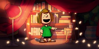 Movie still from “Snoopy Presents: To Mom (and Dad), with Love” (2022), directed by Clay Kaytis – A drawing of a girl in a green shirt holding a broom; Wide shot, High angle