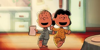 Movie still from “Snoopy Presents: To Mom (and Dad), with Love” (2022), directed by Clay Kaytis – A couple of people standing next to each other; Extreme Wide shot, Low angle