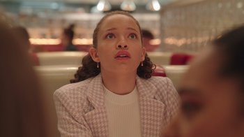 Movie still from “Snow Day” (2022), directed by Michael Lembeck – A young girl looking up at the ceiling; Close Up shot, Low angle