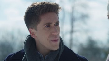 Movie still from “Snow Day” (2022), directed by Michael Lembeck – A person wearing a scarf; Close Up shot, Over the shoulder angle
