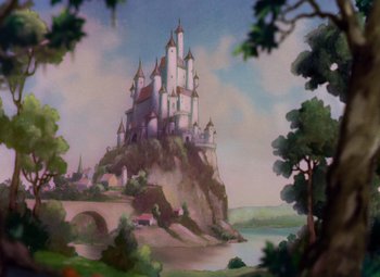 Movie still from “Snow White and the Seven Dwarfs” (1937), directed by Larry Morey – A painting of a castle on top of a hill; Extreme Wide shot, Low angle