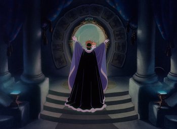 Movie still from “Snow White and the Seven Dwarfs” (1937), directed by Larry Morey – The evil queen is standing in front of the entrance to the castle; Wide shot, Over the shoulder angle