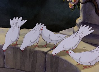 Movie still from “Snow White and the Seven Dwarfs” (1937), directed by Larry Morey – A group of white birds sitting on top of a stone wall; Medium shot, Low angle