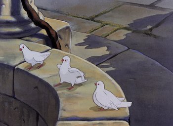Movie still from “Snow White and the Seven Dwarfs” (1937), directed by Larry Morey – A painting of three white birds sitting on a cement bench; Wide shot, High angle